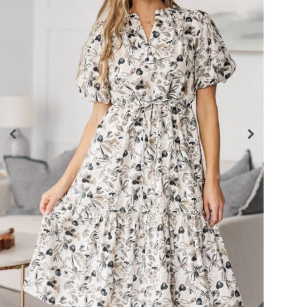 Floral Tiered Midi Dress in Cream and Black - Women